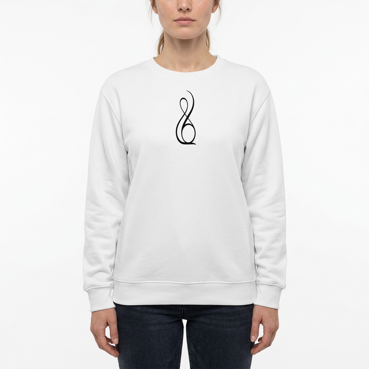 Model wearing the Gather Essential Sweatshirt in white on a white studio background